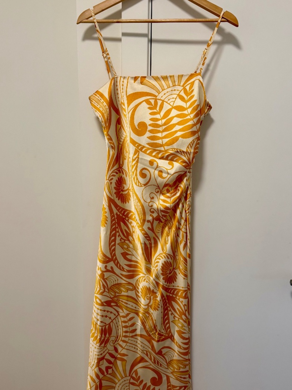 NWOT Yellow Retro Floral Satin Cowl Neck Midi Slip Dress